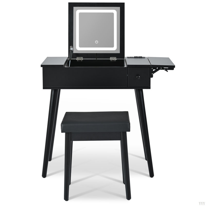 Bureau de coiffeuse avec miroir basculant et lumière DEL, tabouret coussiné