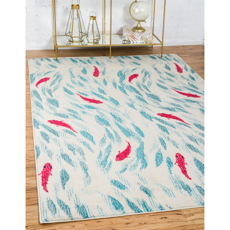 Tapis abstrait bleu / rouge / ivoire Jaliyah, Rectangle 5 pi 1 po x 8 pi