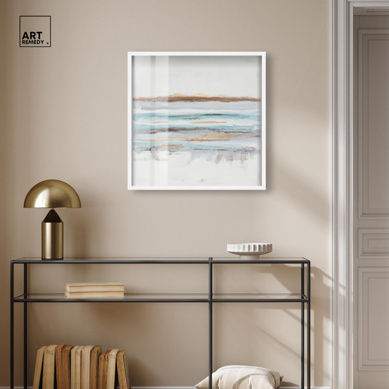 «Baraquas I Shadowbox Print», art abstrait bleu par Art Remedy, H 25 po x l 25 po, Blanc
