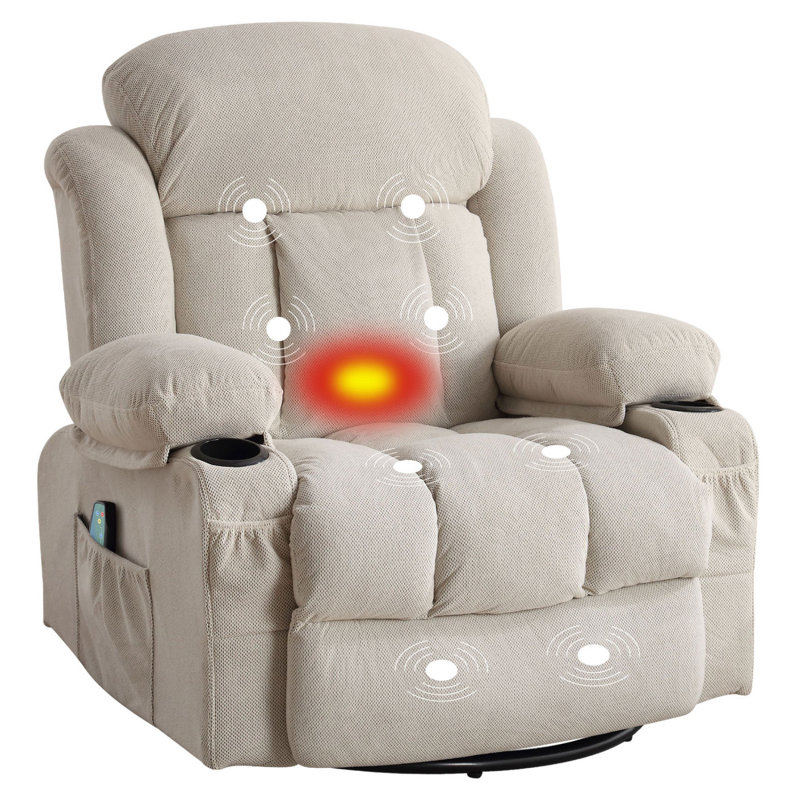 Swinging Recliner Massage Heated Sofa, w'USB And 2 Cup Holders In Side Pockets, Khaki 