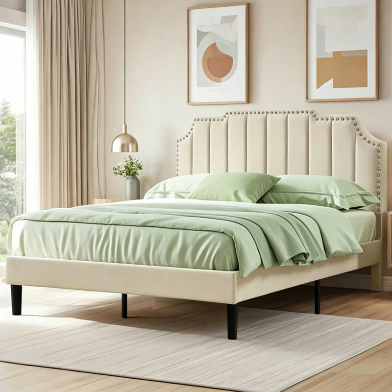 Full size Bed with Adjustable Tufted Headboard, Platform Bed, Mattress foundation, No Box Spring Needed, Beige, Full / Double