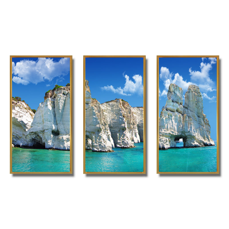 Grec vacances - ensemble d'art mural sur toile encadré paysage de 3, H 28 po x l 36 po x P 1 po, Encadrement doré