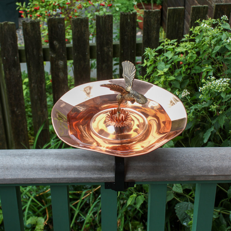 Copper Hummingbird Birdbath with Over Railing Bracket