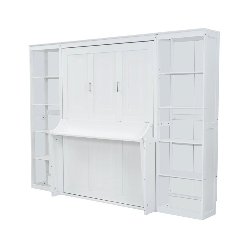 Lit double avec bureau et bibliothèque, blanc - Robuste et peu encombrante, Lit double