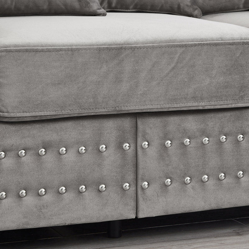 Velours moderne gris à 3 places avec clous carrés et argentés, repose-pieds en bois massif, coussin à haute élasticité, housse amovible, rangement inférieur gris, accoudoirs, siège à ressorts ensachés, housse en dessous