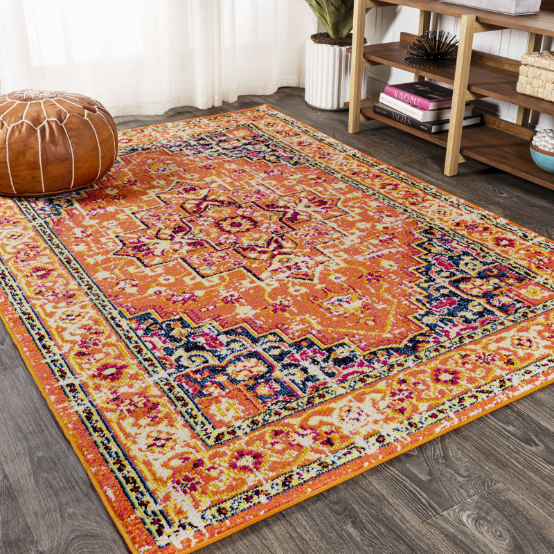 Dercyn Geometric Medallion Orange/Blue Rug, Rectangle 5'3" x 7'6"