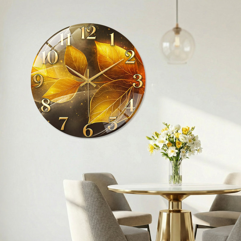 Horloge murale décorative en verre Golden Leaves, 60 x 60 cm (23,6 x 23,6 pouces)