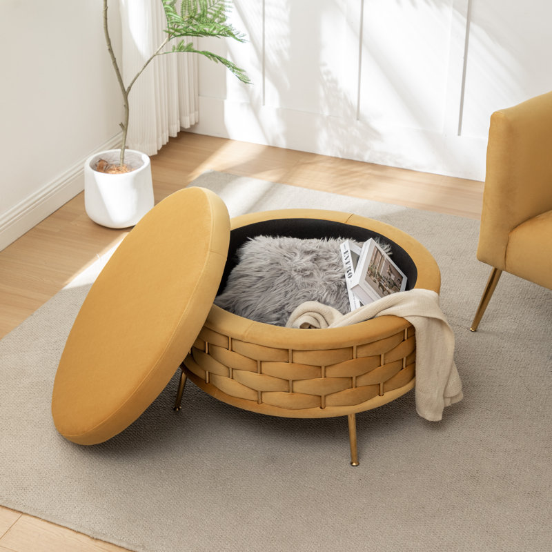 Cristen Upholstered Round Storage Ottoman, Yellow