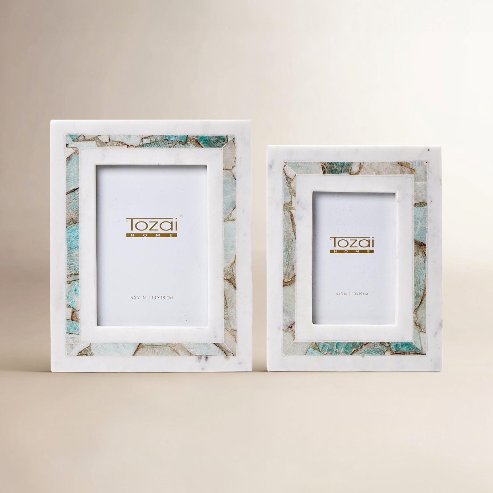 Amazonite Inlay Set Of 2 White Marble Photo Frame, White/Green