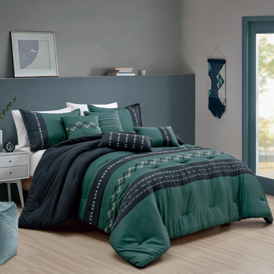 Teal & Black Southwestern 7-Piece Embroidered Comforter Set, Microfiber Polyester Bedding With 1 Comforter, 2 Shams & 4 Decorative Pillows