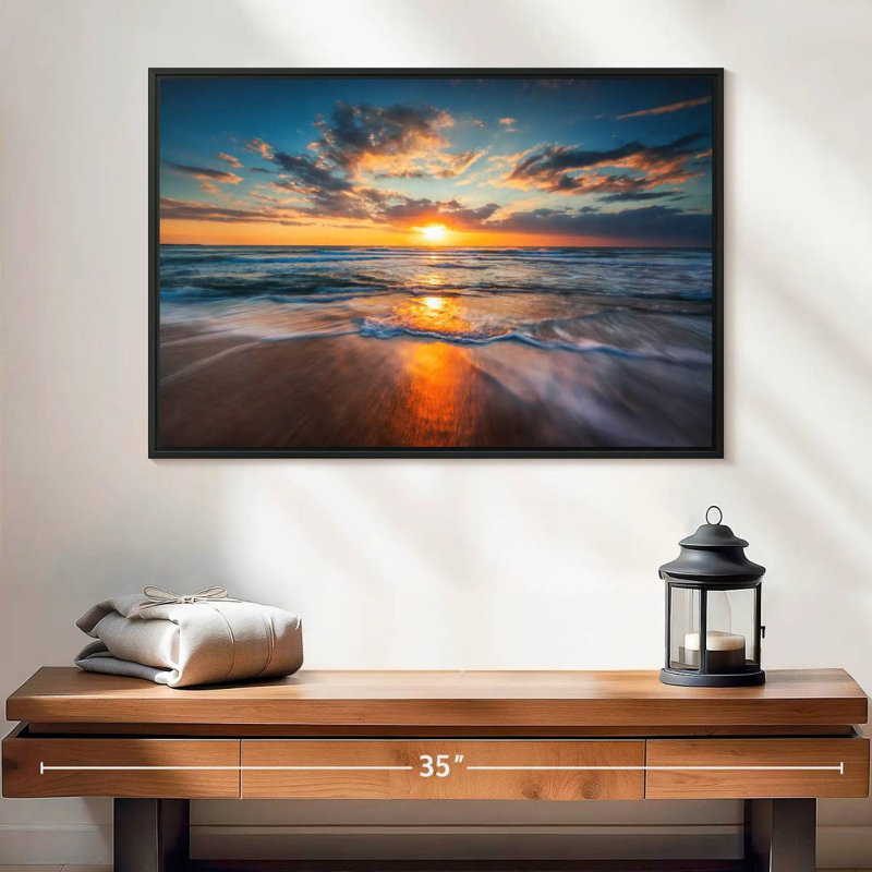Été, océan, lever de soleil, 25 po x 17 po, Cadre flottant noir