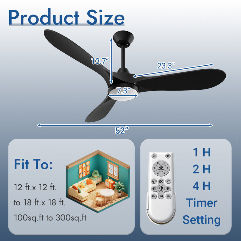 52 Inch Modern Ceiling Fan with Lights and Remote Control, Quiet Reversible DC Motor, 6 Speeds, Timer, 3 CCT Dimmable, Plastic Blades, Indoor Ceiling Fan for Bedroom Living Room