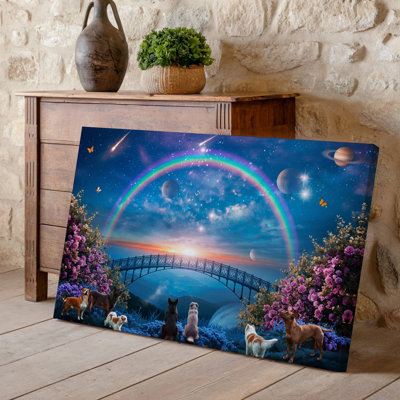 Canvas A Vibrant Dreamlike Landscape Featuring A Colorful Rainbow Arching Over Wall Art An Ethereal Bridge Surrounded By Lush Blooming Canvas Wall Art