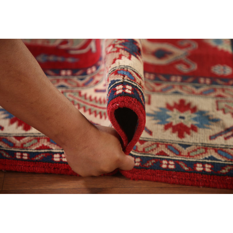 Tapis oriental rouge à motif géométrique Kazak 7 x 10