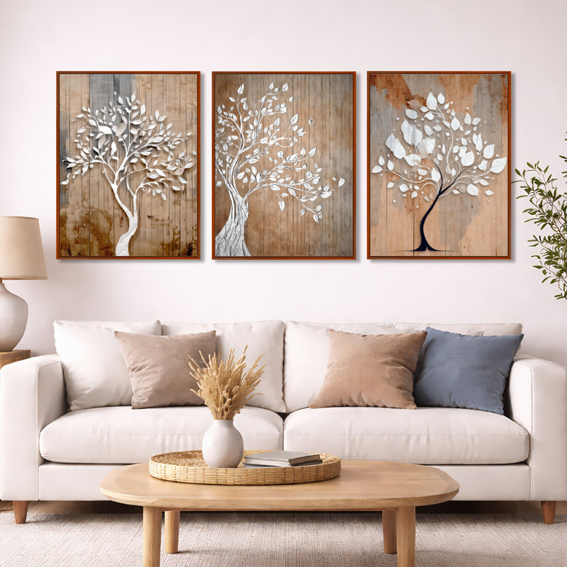 Arbre blanc de la vie sur bois - Décoration murale encadrée 3 panneaux, H 32 po x l 72 po, Cadre flottant brun