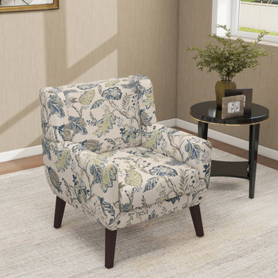 Jaqueze Upholstered Pattern Leaf Linen Blend Tufted Wide Back Armchair with Solid Wood Leg