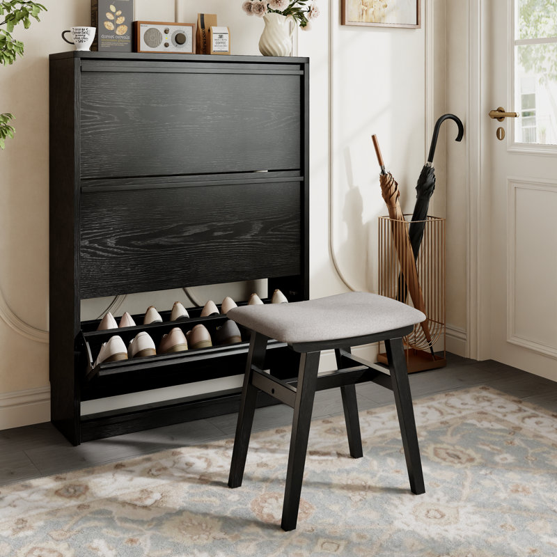 Tabouret de coiffeuse en bois massif avec coussin de selle Aevah, Noir, H 18,87 po x l 16,54 po x P 11,81 po