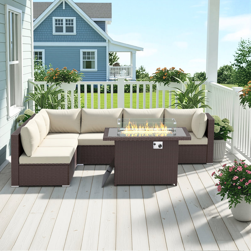 7-Piece Outdoor Furniture Set with Fire Pit Patio Wicker Conversation Set Cushions, Espresso, Beige