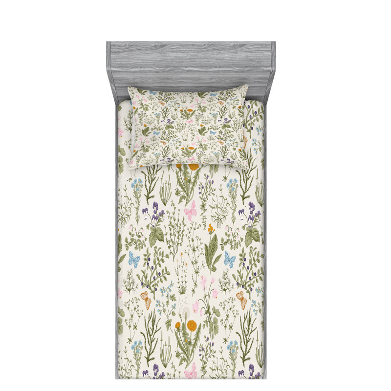 Microfiber Floral Sheet Set, Twin XL Sheet Set + Fitted Sheet + 1 Pillowcase, White/Green Floral