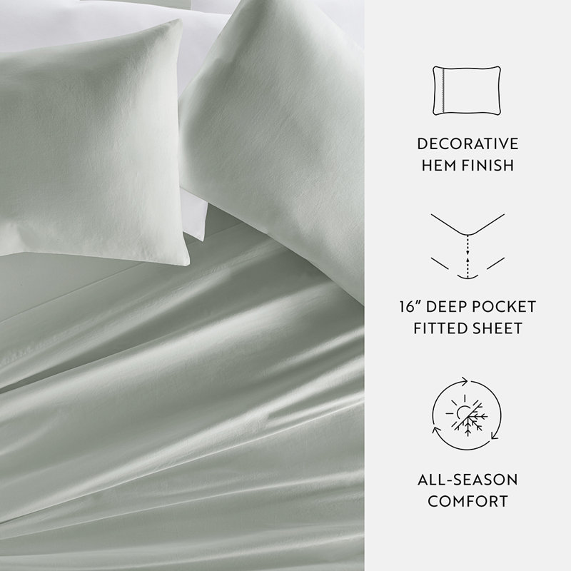 Ensemble de draps en coton uni, Vert, Ensemble de draps pour très grand lit californien