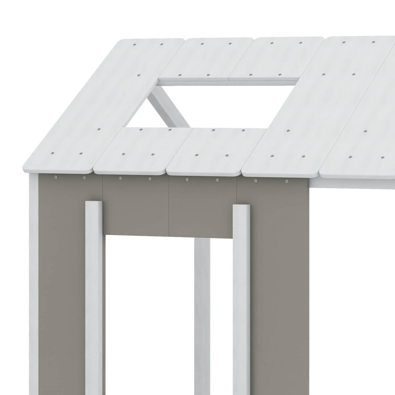 Lit simple en bois en forme de maison avec toit et fenêtre, Blanc / gris antique