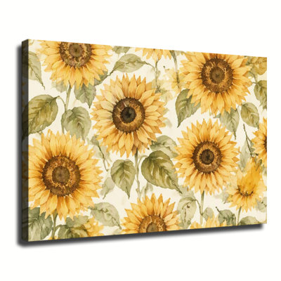 Motif de tournesol aquarelle, art mural sur toile botanique floral jaune rétro pour décor de salon de ferme