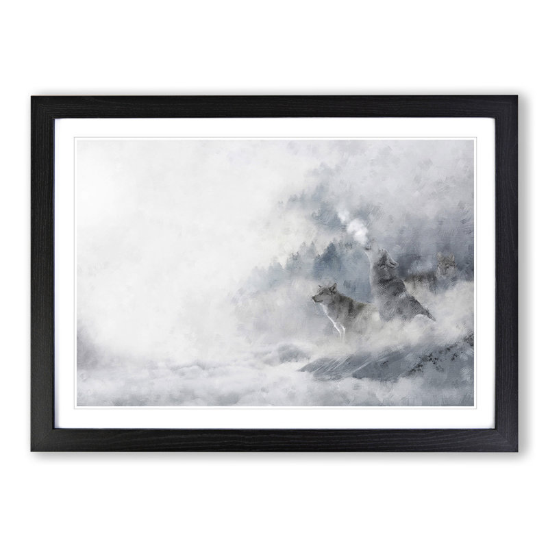 Wolves in Winter - Picture Frame Painting, 27cm H x 36cm W x 2cm D, Black Framed