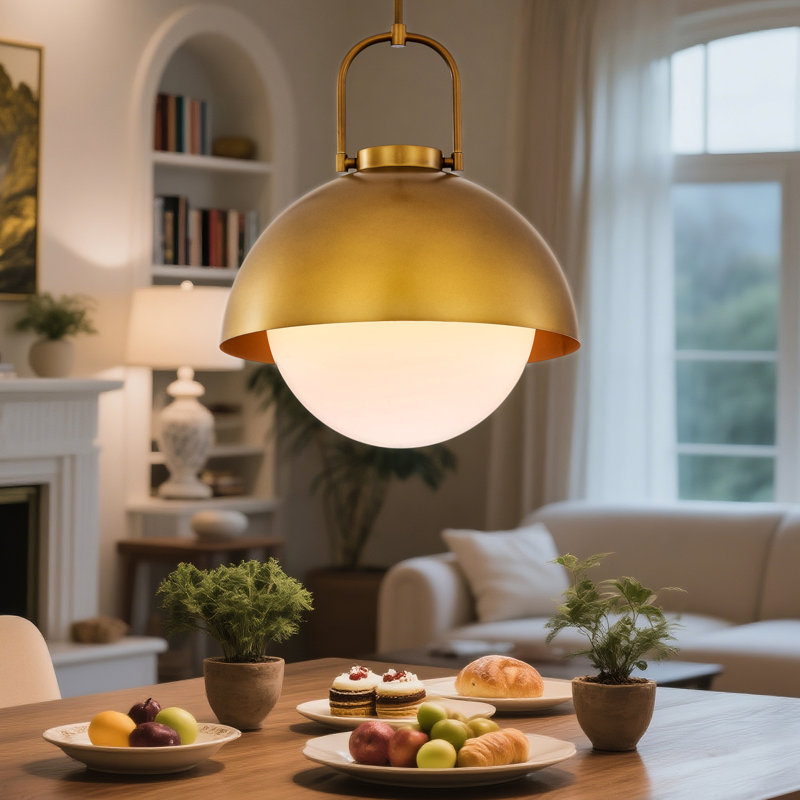 Luminaire suspendu moderne à 1 lumière en laiton antique avec abat-jour en verre opale pour salle à manger ou îlot de cuisine