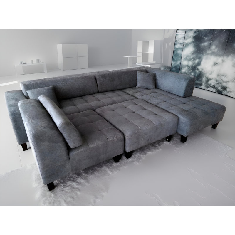 Canapé modulaire en microfibre avec repose-pieds Behadil, Accoudoir à droite (vu de face), Microfibres et suédine gris foncé