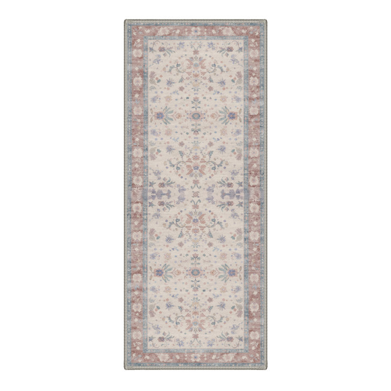 Vintage Floral Machine Washable Blush Rose / Beige / Blue Indoor Area Rug With Non-Slip Backing, Runner 2' x 6'