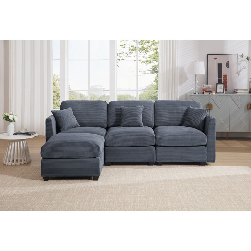 Bustamante 4-seats L-shape Sofa Couch With Ottoman, Dark Gray