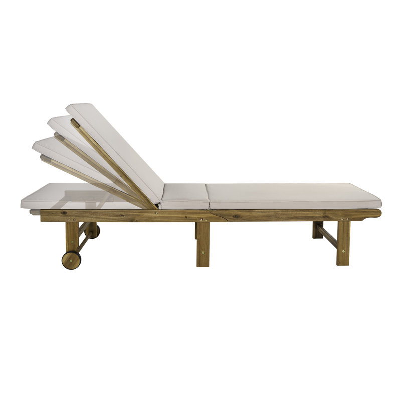 Mallorca Contemporary Acacia Wood Outdoor Chaise Lounge Chair with Beige Cushion and Wheels, Adjustable Teak Brown Recliner for Patio, Poolside