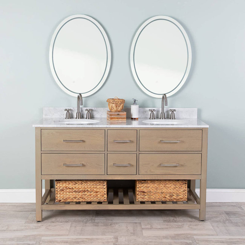 Ensemble de meuble-lavabo double l 60 po x P 22 po x H 34 po, Carrera blanche, Chêne clair