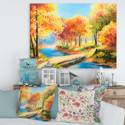 " Yellow And Orange Trees By The Riverside " Painting Print