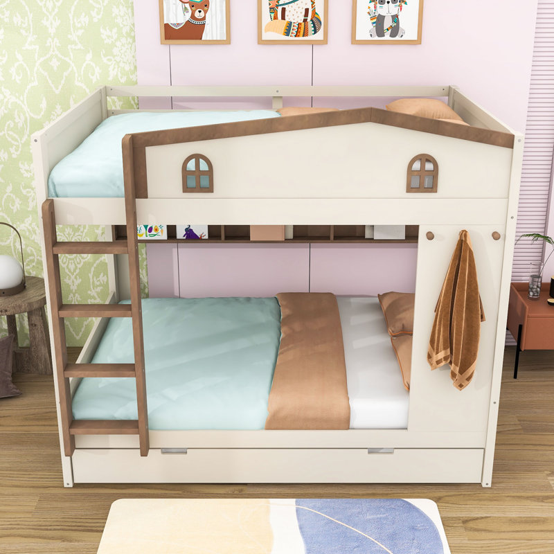Lit superposé avec lit gigogne, tablettes de rangement et crochets, Beige / Naturel, Grand lit
