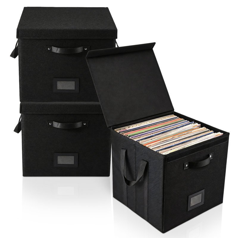 Vinyl Record Storage Boxes 3-Pack, Stackable LP Organizer with Lid and Handles, Black
