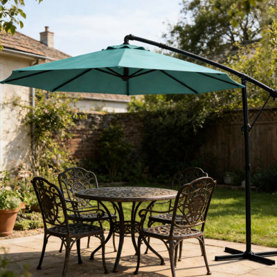 Grand parasol extérieur en porte-à-faux avec inclinaison de 090 et rotation de 360 degrés, auvent 200 G / m², protection Upf30 +, mât thermolaqué, 8 nervures en acier, évent supérieur, parasol avec housse de protection