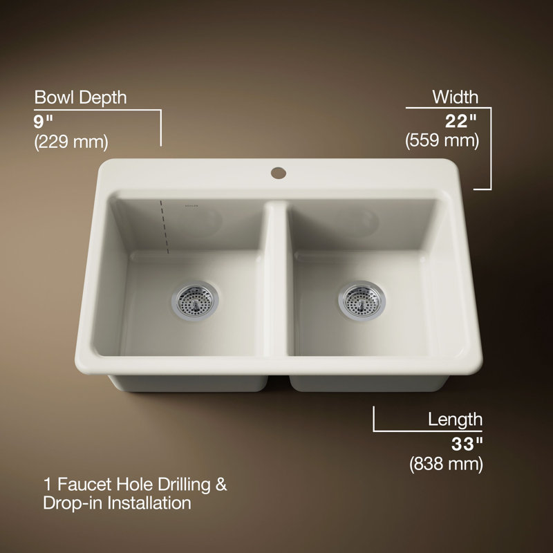 Riverby 33 In. Top-Mount Double-Bowl Kitchen Sink, Biscuit, Double-equal bowls, 1 hole