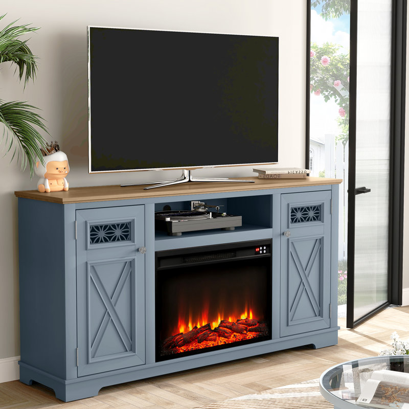 61" Media Console TV Stand With Electric Fireplace For TV's Up To 65", Blue