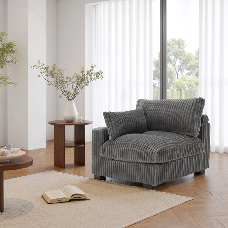 Upholstered Faux Rabbit Fur Flannel Armchair with Pillow Back, One Arm Single Chair Module Part For Sectional Sofa