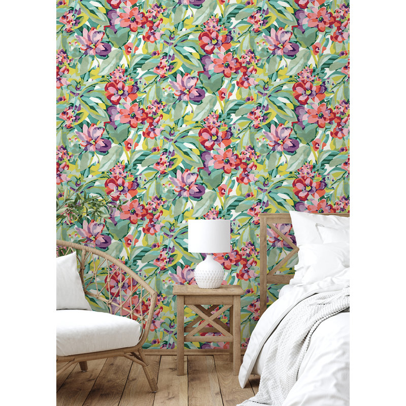 Papier peint adhésif Heather Belles Fleurs, Bleu / Vert / Rouge