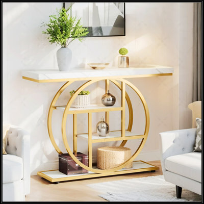 Console industrielle de 41,3 pouces avec 4 niveaux, une base circulaire et une finition blanche et dorée pour les espaces de vie modernes