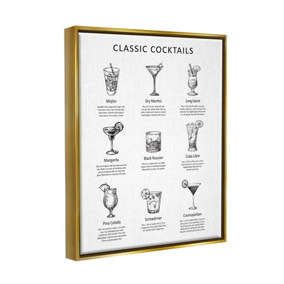 Stupell Industries Classic Cocktails Mixed Drinks Kitchen Bar Sign Chart By Lettered And Lined - Floater Frame Print On In Metallic Gold Floater Frame