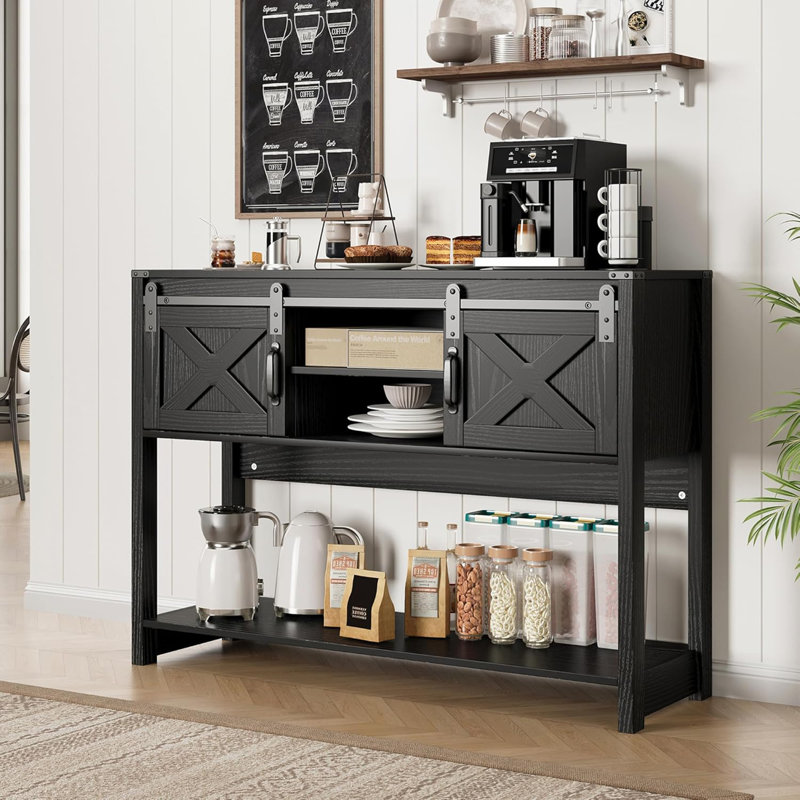  Farmhouse Entryway Console Wooden Table with Storage Shelves, Black, Black