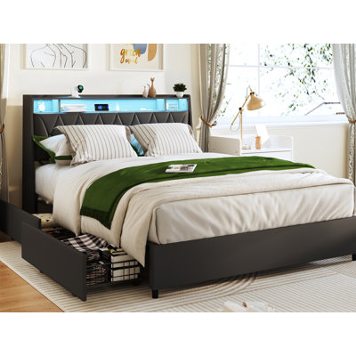 Cadre de grand lit avec tête de lit ergonomique, cadre de lit plateforme grand avec prises et chargeur et lumière DEL
