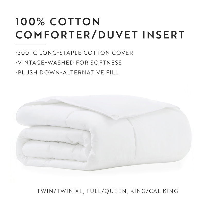 100% Cotton Down Alternative Comforter/Duvet Insert - Vintage Washed and Brushed Cotton Shell, King