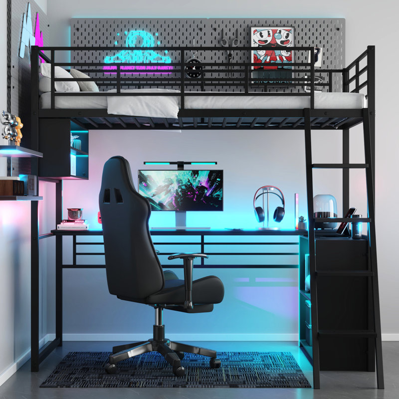 Lit mezzanine simple avec bureau et tablettes à DEL Led, Lit simple