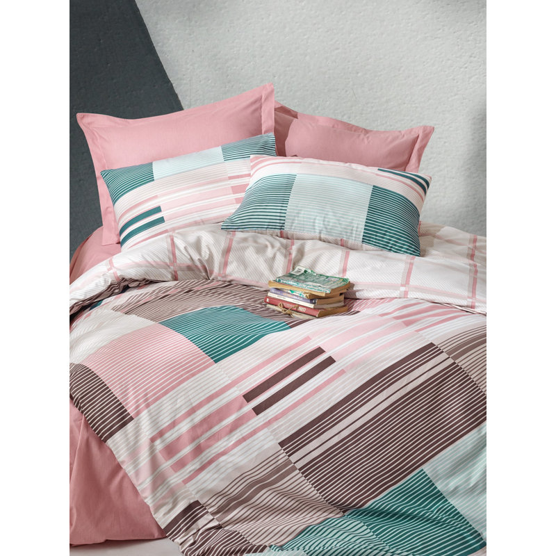 Housse de couette en coton rose / brun / vert Ranforce