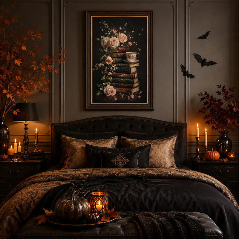 Art mural sur toile, roses roses et fleurs blanches sur une pile d'Halloween rétro, H 18 po x l 12 po