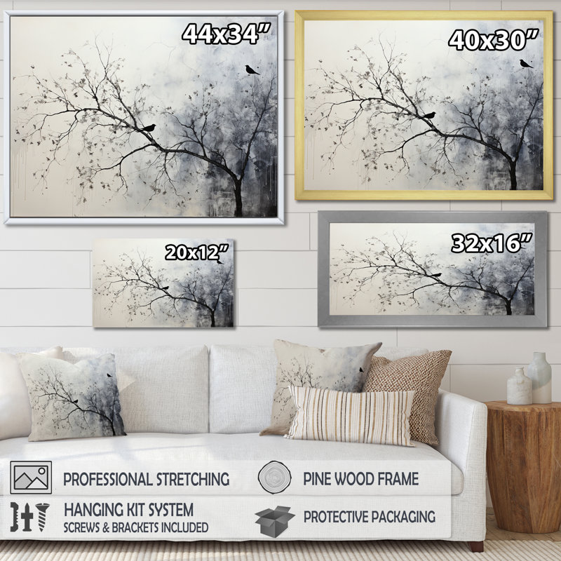 Minimalisme, oiseaux monochromes sur branche II - arbres, impressions sur toile, Cadre flottant doré